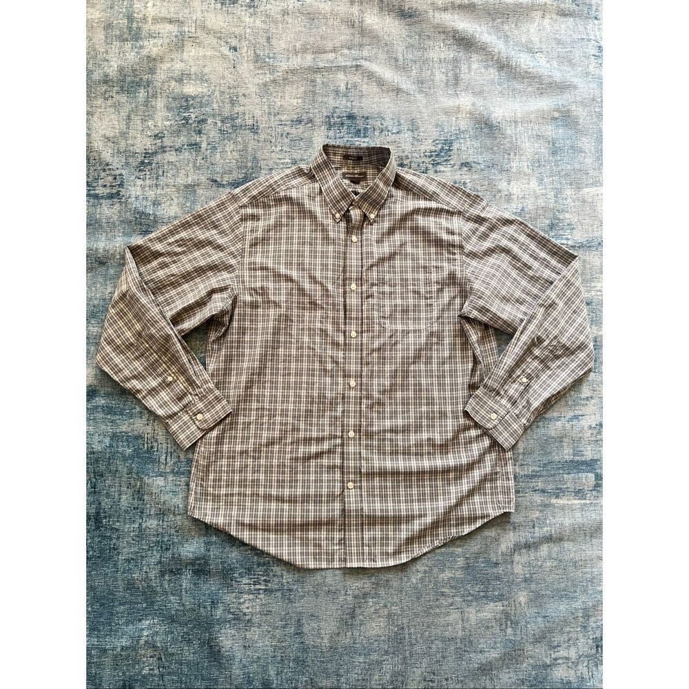 Eddie Bauer Gray Cream Plaid Relaxed Fit Button Down Shirt Men's Large